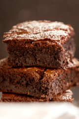 Dark chocolate brownies stack, close-up