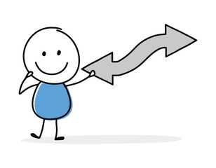 Hand drawn arrow symbol. Funny concept with a stickman holding icon. Cartoon style design. Vector illustration