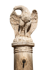Eagle fountain, 1850, coat of arms of the city of Trento in Cathedral square (Piazza del Duomo), Trentino-Alto Adige, Italy, Europe. Isolated on white or transparent background, png.
