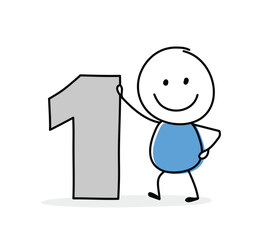 Funny concept with a stickman holding a number one icon. Cartoon style design for a business presentation. Vector illustration