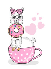 Alpaca llama sitting in coffee cup teacup. Pink hearts. Funny face . Cute cartoon character. White background. Love card. Flat design. Vector © Evgeniya Sheydt