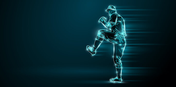 Abstract silhouette of a baseball player on black background. Baseball player batter hits the ball.