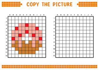 Copy the picture, complete the grid image. Educational worksheets drawing with squares, coloring cell areas. Preschool activities, children's games. Cartoon vector illustration, pixel art. Donuts.