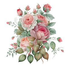 Watercolor floral bouquet composition with roses, png transparent background, generative ai.
