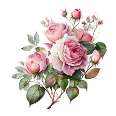 Watercolor floral bouquet composition with roses, png transparent background, generative ai.