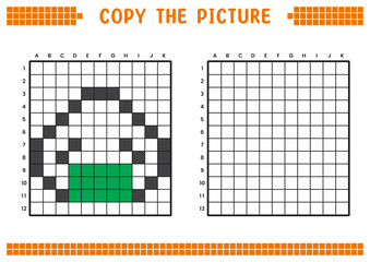 Copy the picture, complete the grid image. Educational worksheets drawing with squares, coloring cell areas. Preschool activities, children's games. Cartoon vector illustration, pixel art. Onigiri.