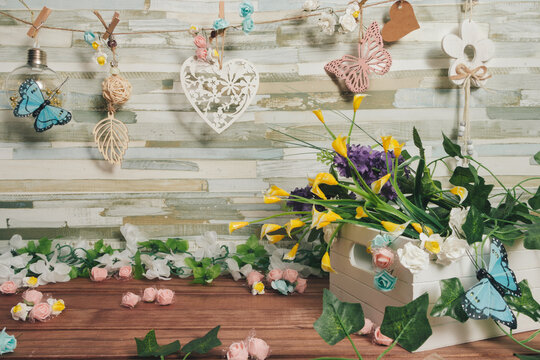 copyspace, spring background ornaments hung with clips and flowers