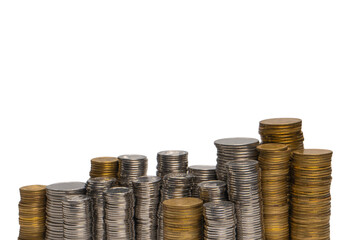 Pile of coins isolated on a white background.