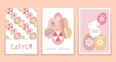 Happy Easter festive set cards, banners, posters with  easter eggs , spring flowesr, lettering  Vector abstract  art modern illustration set