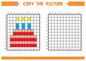 Copy the picture, complete the grid image. Educational worksheets drawing with squares, coloring areas. Preschool activities, children's games. Cartoon vector illustration, pixel art. Birthday cake.
