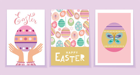 Happy Easter festive set cards, banners, posters with  easter eggs , spring flowesr, lettering  Vector abstract  art modern illustration set