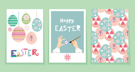 Fototapeta na wymiar Happy Easter festive set cards, banners, posters with easter eggs , spring flowesr, lettering Vector abstract art modern illustration set