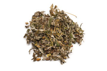 Dry tea leaves and dry fruit isolated on white background.