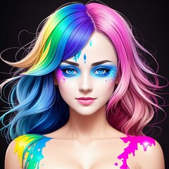 Fototapeta premium portrait of a beautiful girl in a stream of colors from a rainbow wave, body art, fantasy, generated in AI