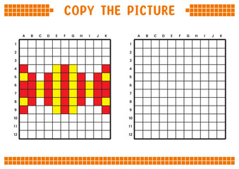 Copy the picture, complete the grid image. Educational worksheets drawing with squares, coloring cell areas. Preschool activities, children's games. Cartoon vector illustration, pixel art. Candy.