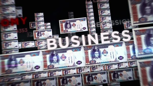 Mongolia Togrog money loop 3d animation. Camera flying between MNT banknotes. Finance, economy, crisis, business success, recession, debt and tax seamless looped concept.