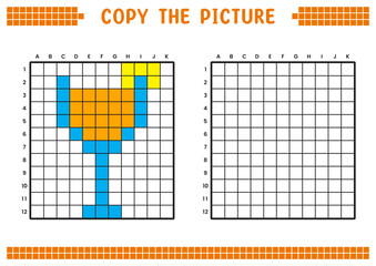Fototapeta premium Copy the picture, complete the grid image. Educational worksheets drawing with squares, coloring areas. Preschool activities, children's games. Cartoon vector illustration, pixel art. Lemonade drink.