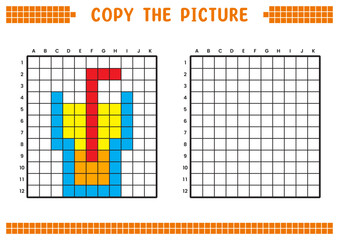 Copy the picture, complete the grid image. Educational worksheets drawing with squares, coloring areas. Preschool activities, children's games. Cartoon vector illustration, pixel art. Lemon juice.