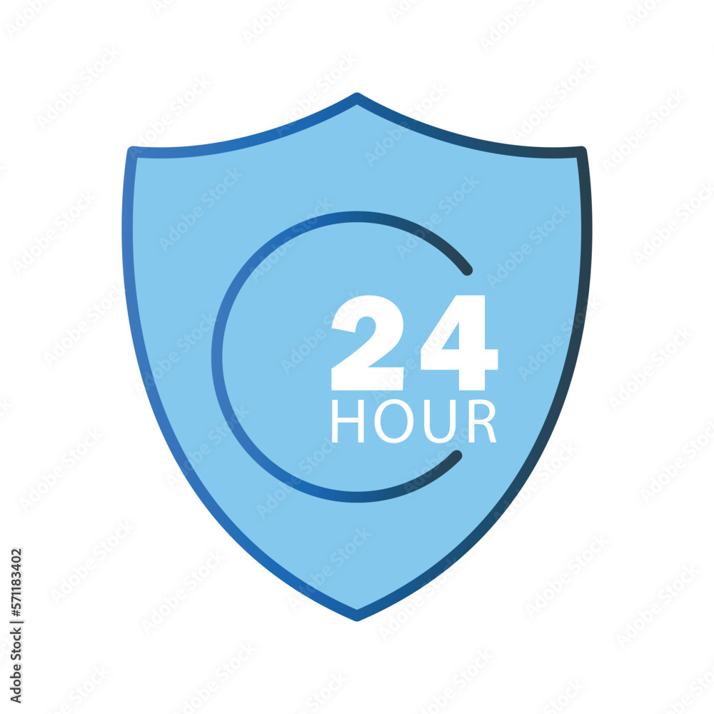 Poster full protection icon illustration. shield icon with 24 hour. icon related to security. lineal color 