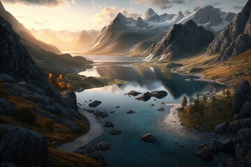 Fototapeta na wymiar landscape sunrise on river in the mountains Alpes