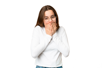 Teenager girl over isolated chroma key background happy and smiling covering mouth with hands