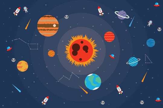 Space vector background with astronaut, rocket, spaceship,sun, moon,ufo, planets and stars.