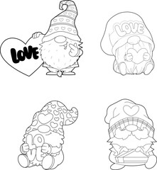 Outlined Cute Gnomes Lover Cartoon Characters In Different Poses. Vector Hand Drawn Collection Set Isolated On Transparent Background