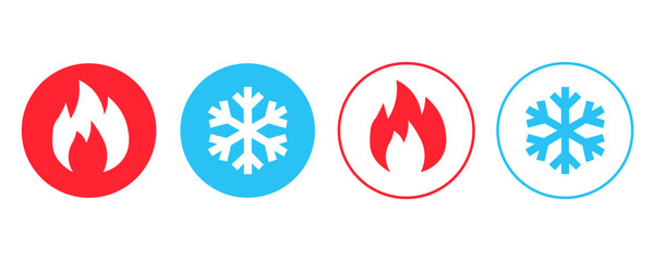 Hot and cold icon. Fire and snowflake sign. Heating and cooling button, temperature adjustment buttons vector icon set EPS 10.