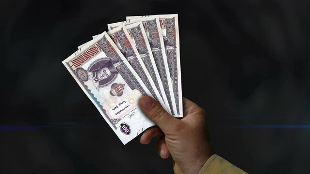 Mongolia Togrog money holding. Fan of banknotes in hand. MNT paper cash. Concept of income, success, business, tax, economy and finance.