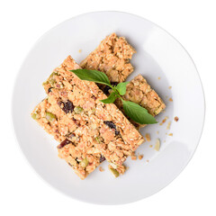Snack bar or energy bar on white plate, healthy food