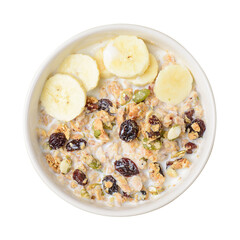 Healthy breakfast, muesli with cereal, banana and milk