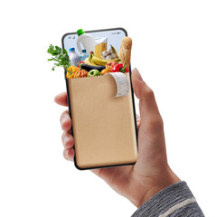 Online grocery shopping app on smartphone - obrazy, fototapety, plakaty