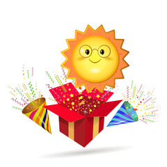 The sun in cartoon style. Popper explosion at a party, 3d vector image.