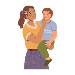 Mother hugging and calming down crying son. Isolated mom holding child on hands wiping tears from cheeks. Parenting and comforting. Vector in flat style