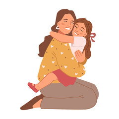 Mom hugging daughter, isolated smiling mother cuddling kid. Happy family moments and bonding, cheerful people spending time together. Vector in flat style