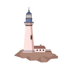 Beacon by seaside or shore, isolated lighthouse construction. Tall tower with light signal for ships and vessels. Guidance and navigation. Vector in flat style