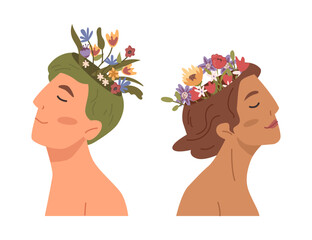 Mind soundness and mental health care, isolated people with flowers blooming on head. Nurturing positive emotions and mindfulness awareness. Vector in flat style