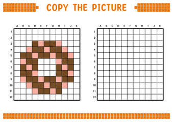 Fototapeta premium Copy the picture, complete the grid image. Educational worksheets drawing with squares, coloring cell areas. Preschool activities, children's games. Cartoon vector illustration, pixel art. Donuts.