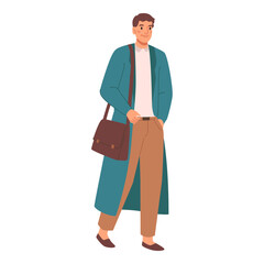 Businessman wearing formal clothes and carrying leather bag on shoulder. Isolated male character walking to work, person with personal belongings. Vector in flat style