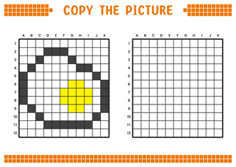 Fototapeta premium Copy the picture, complete the grid image. Educational worksheets drawing with squares, coloring cell areas. Preschool activities, children's games. Cartoon vector illustration, pixel art. Fried eggs.