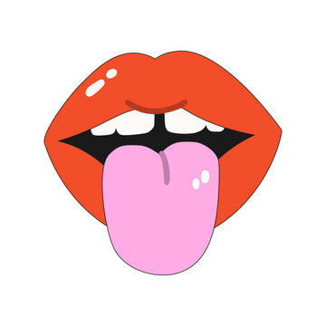 Colorful mouth icon with protruding tongue in cartoon style. Teeth with a gap. Vector illustration isolated on a white background