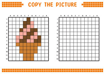 Fototapeta premium Copy the picture, complete the grid image. Educational worksheets drawing with squares, coloring areas. Preschool activities, children's games. Cartoon vector illustration, pixel art. Ice cream cone.