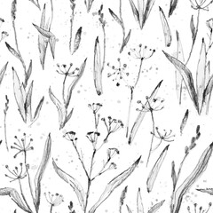 Sketch seamless pattern with hand drawn plants and herbs. Vintage background. Botanic grunge vector illustration in gray and black colors for fabric, wrapping paper, page fill