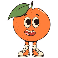 Retro cartoon fruit orange character. Modern illustration with cute comics characters. Hand drawn doodles of comic character. Trendy cartoon style. 70s-80s retro vibes. © Alina Kolyuka