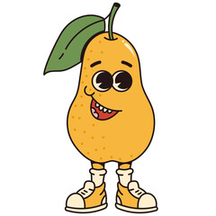 Retro cartoon fruit pear character. Modern illustration with cute comics characters. Hand drawn doodles of comic character.  Trendy cartoon style. 70s-80s retro vibes.