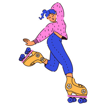 Rollerblading girl character. Roller Skates. Retro girl with blue hair on a skateboard for your design. Fashionable style of the 90s. Nostalgia for the 90s - 2000s. Vector isolated. Flat style.