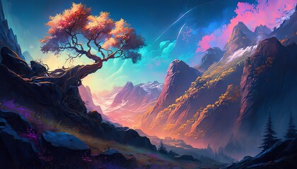 Fantasy colorful sunset valley landscape world background. Generative AI technology.	
