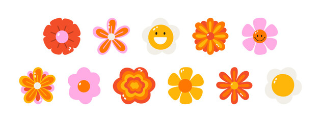 Large set of retro flowers 60s-70s. Smiling face. Collection of different flowers in a hippie style. Vector illustration isolated on a white background