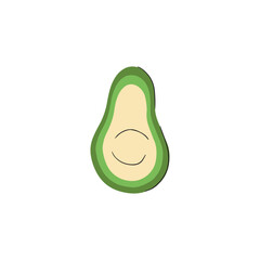 Half of avocado flat drawing with black lines isolated onwhite background. Hand drawn vector illustration in doodle cartoon. Concept of healthy lifestile, proper nutrition, menu, label, logo, icon.