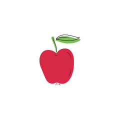 Simple red apple flat drawing with black lines isolated on white background. Hand drawn vector cartoon doodle illustration with leaf. Juicy, healthy, vitamin, diet, fruit, nutrition, children.